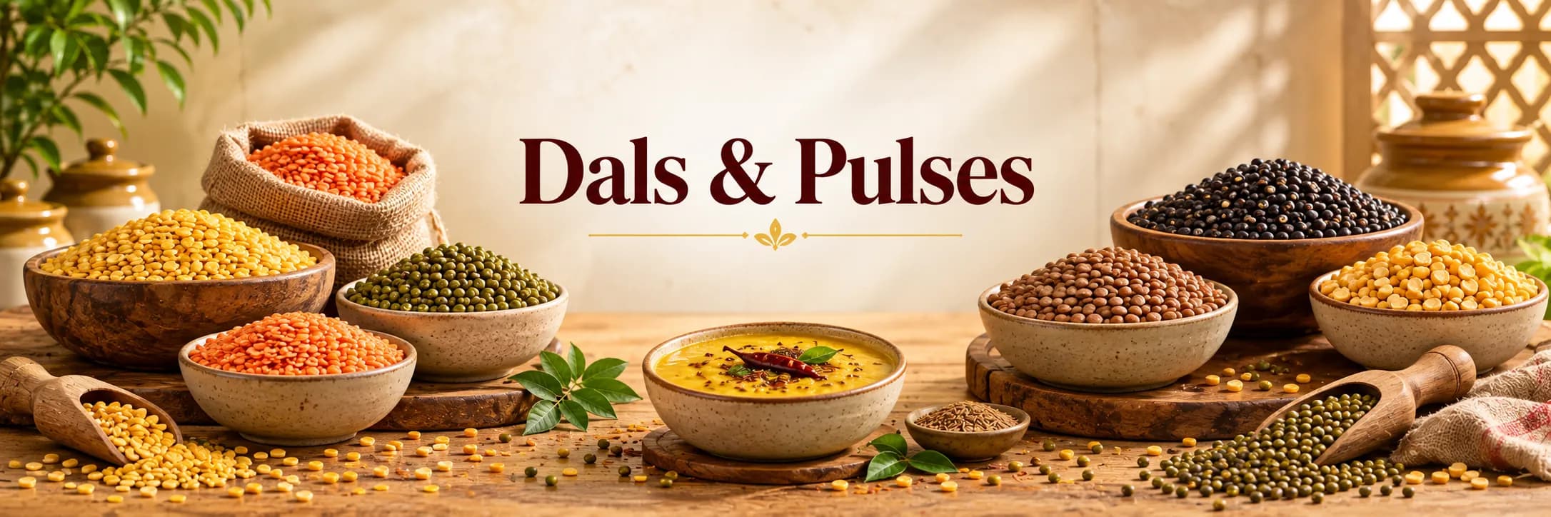 Dals & Pulses: bowls of Indian dals and whole pulses with cooked dal