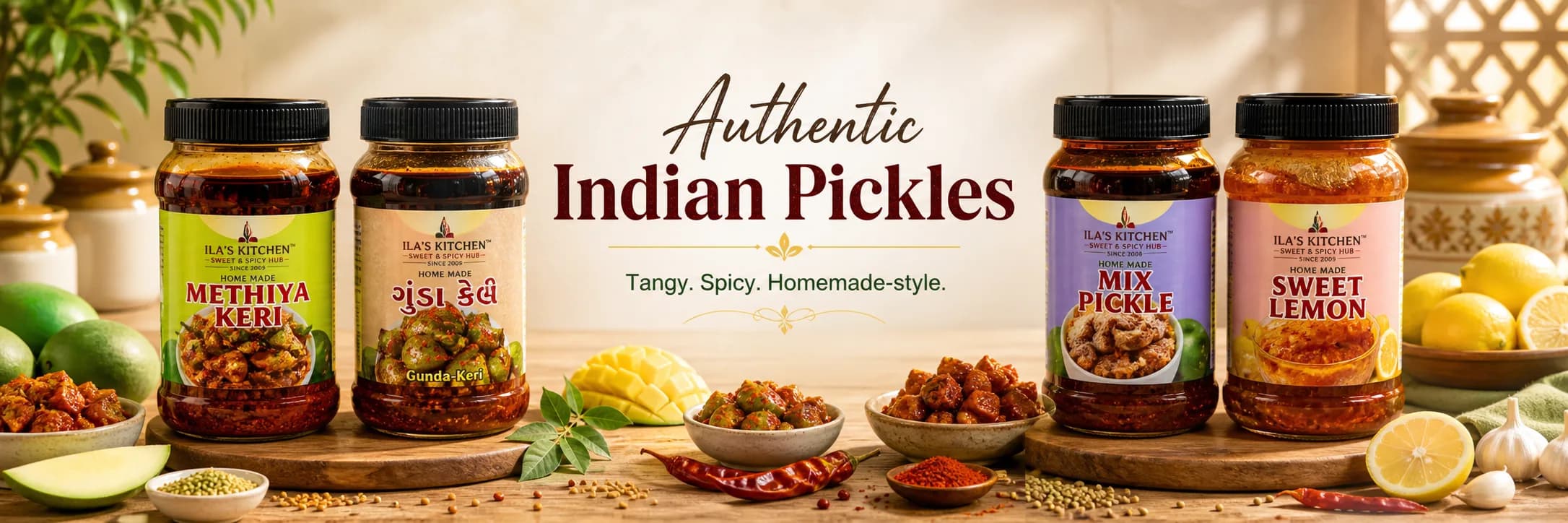 Ila's Kitchen pickle jars with mango, lemon, and spices
