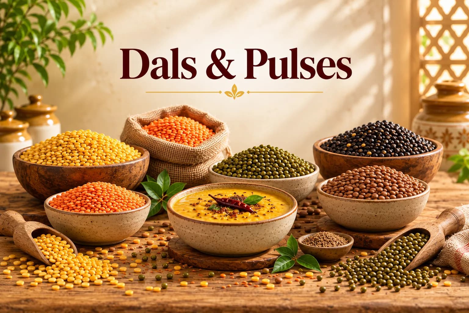 Dals & Pulses: bowls of Indian dals and whole pulses with cooked dal