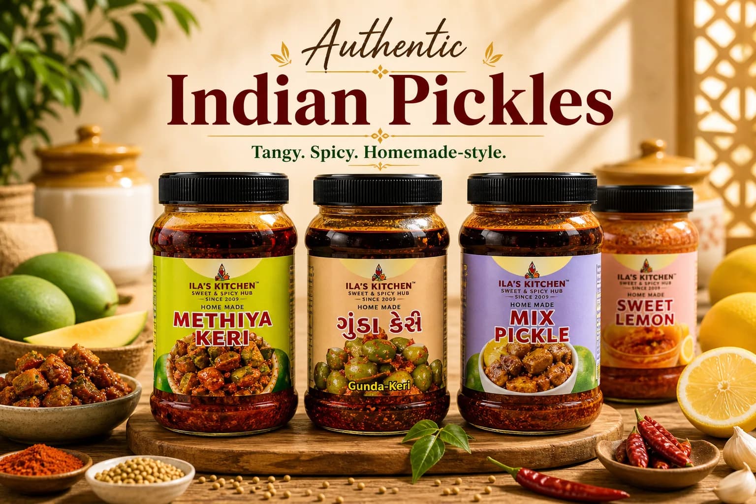 Ila's Kitchen pickle jars with mango, lemon, and spices