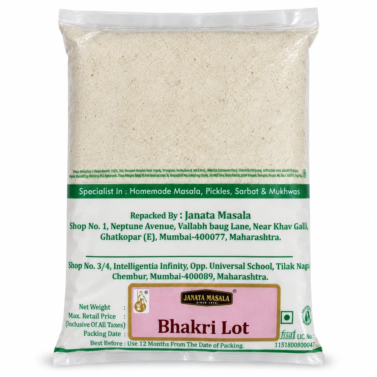 Back of Janata Masala Bhakri Flour pack on a white background
