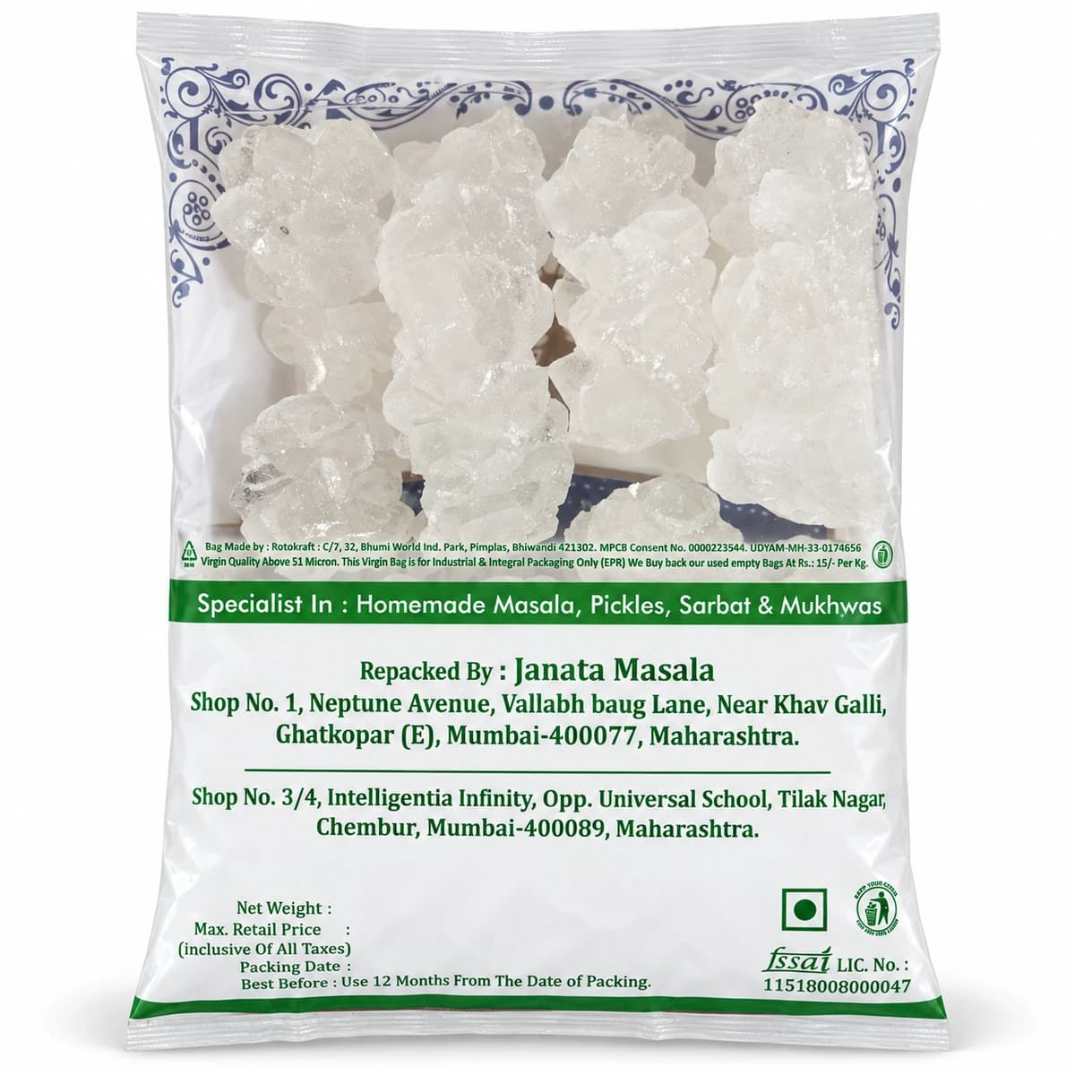 Janata Masala Dhaga Mishri sugar crystal clusters in a clear pack, back view