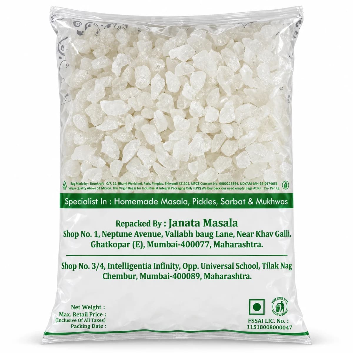 Janata Masala Mishri rock sugar pieces in a clear pack, back view