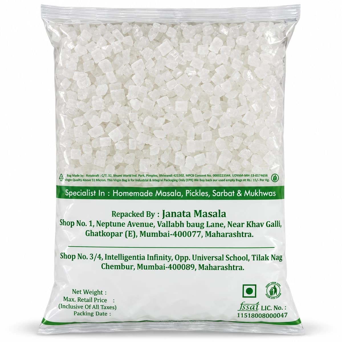 Janata Masala Ravalgoan Diamond Sugar crystals in a clear pack, back view