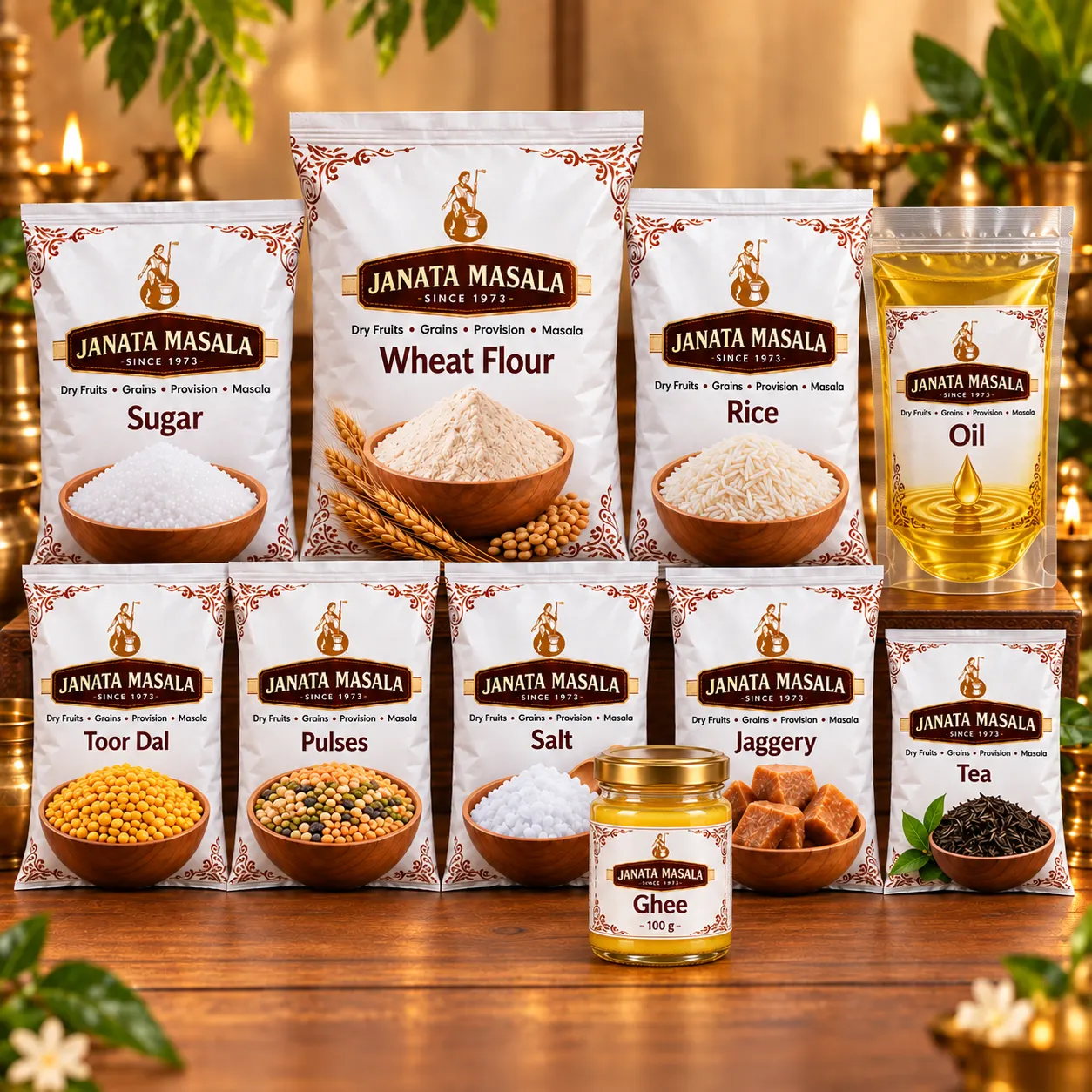 Illustrative Janata Masala Shradh Grocery Kit with wheat flour, rice, sugar, toor dal, salt, tea, jaggery, ghee, pulses and an oil pouch