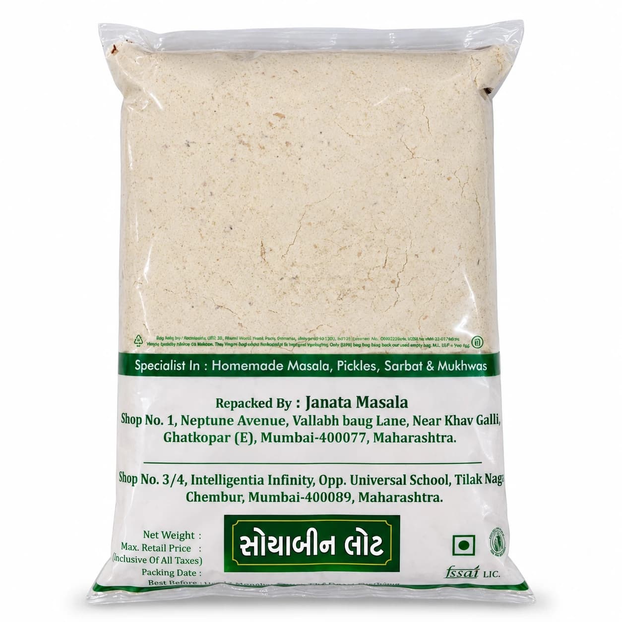 Back of Janata Masala Soyabean Flour pack on a white background