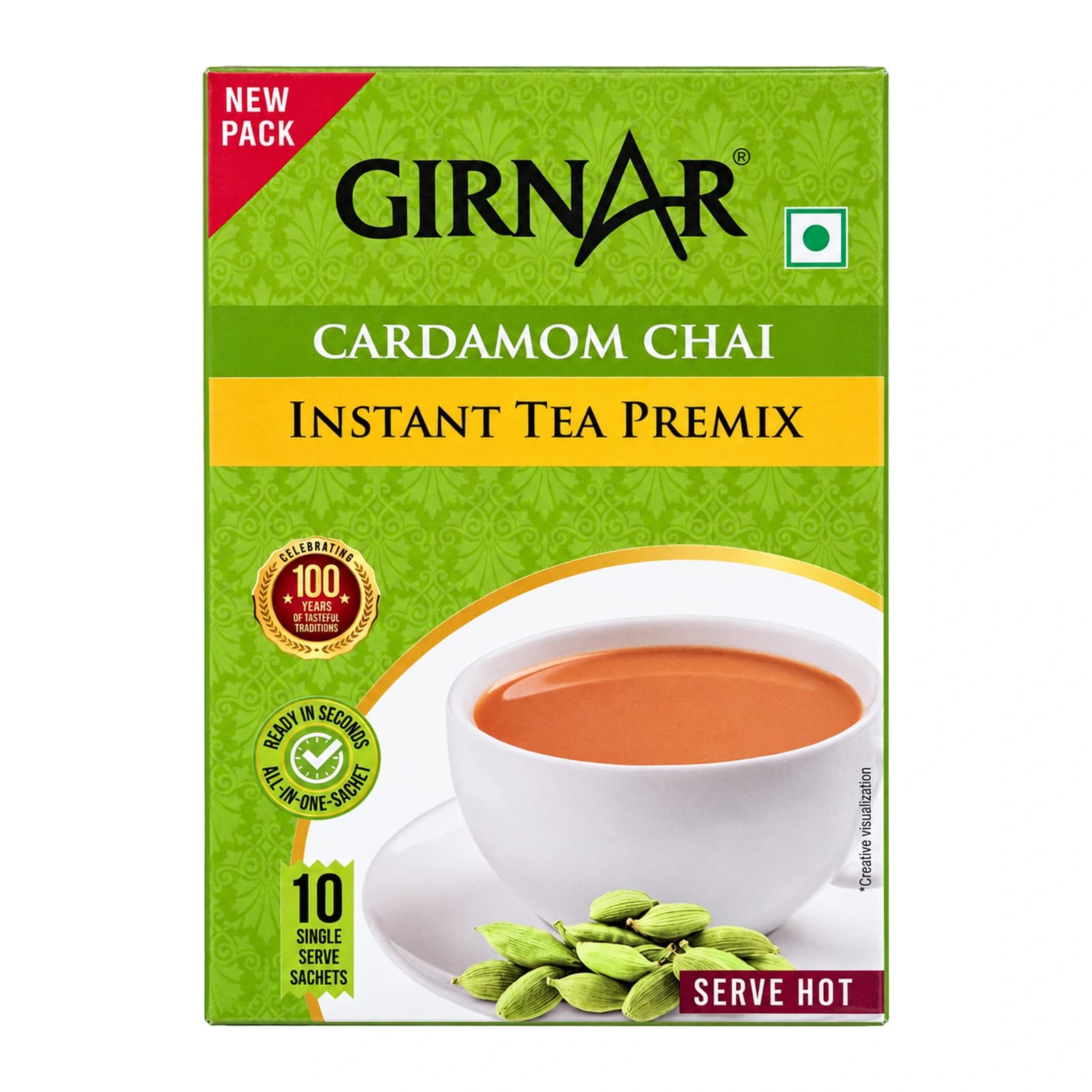 Girnar Cardamom Chai Instant Tea Premix, retouched front of the 10-sachet box