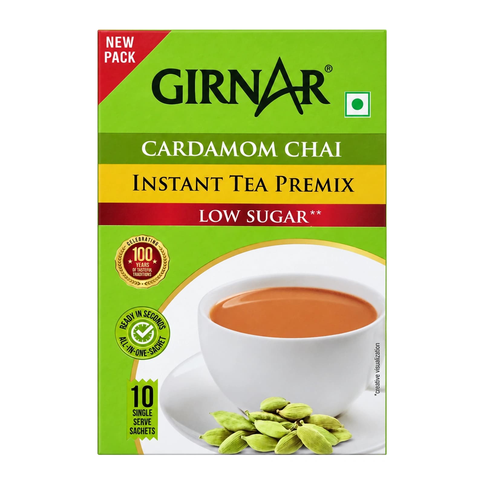 Girnar Cardamom Chai Instant Tea Premix, Low Sugar, retouched front of the 10-sachet box