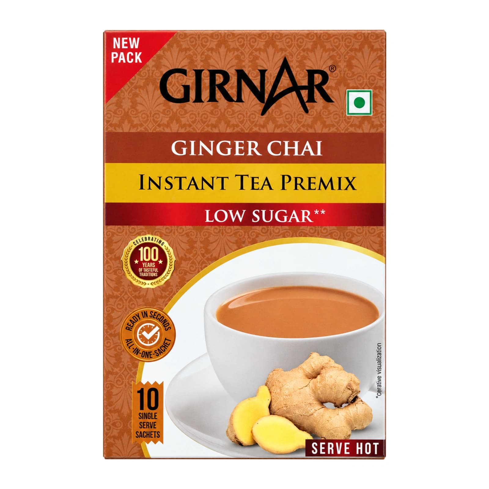 Girnar Ginger Chai Instant Tea Premix, Low Sugar, retouched front of the 10-sachet box