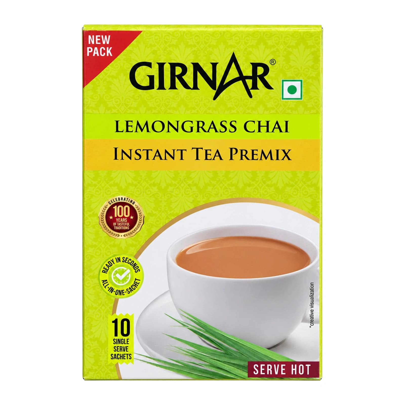 Girnar Lemongrass Chai Instant Tea Premix, retouched front of the 10-sachet box