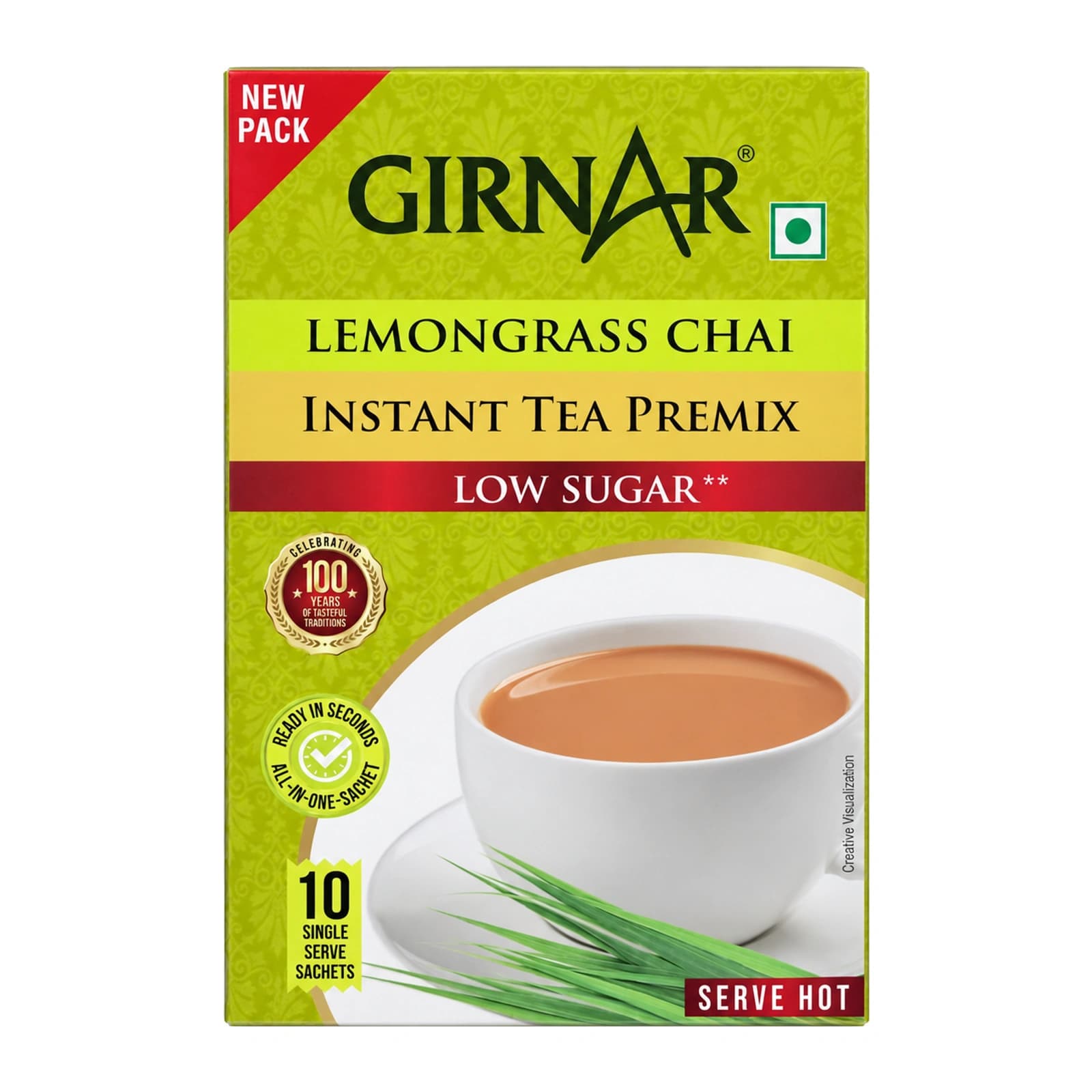 Girnar Lemongrass Chai Instant Tea Premix, Low Sugar, retouched front of the 10-sachet box