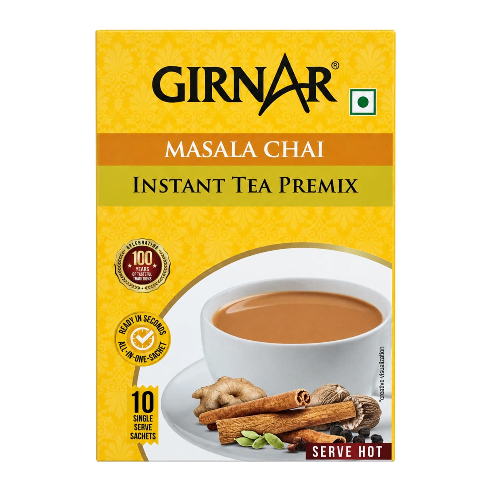 Girnar Masala Chai Instant Tea Premix, retouched front of the 10-sachet box