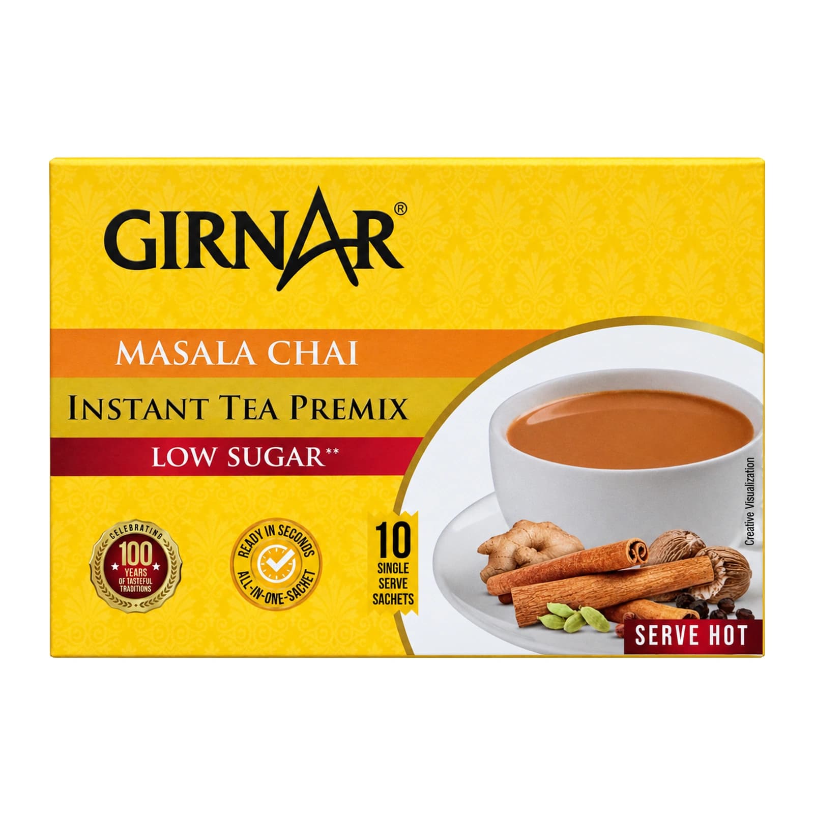 Girnar Masala Chai Instant Tea Premix, Low Sugar, retouched front of the 10-sachet box
