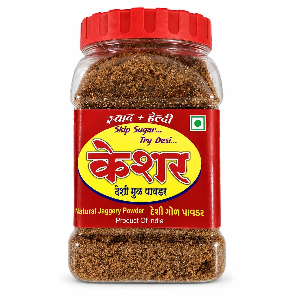 Keshar Organic Brown Jaggery Powder jar, front view