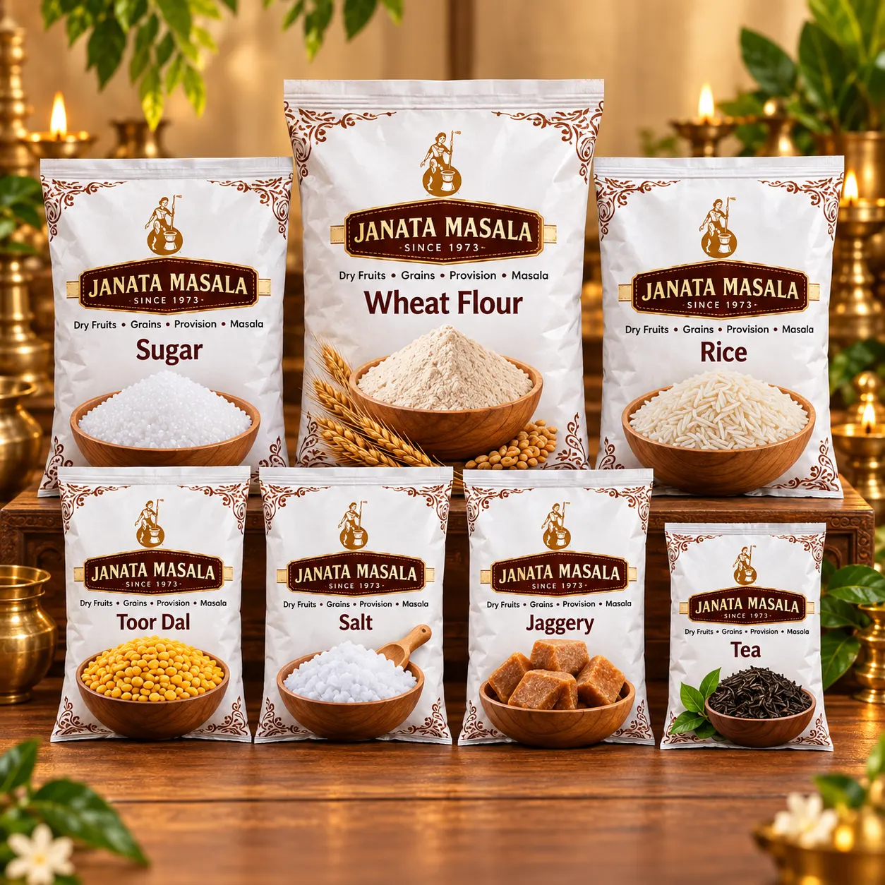 Illustrative Janata Masala Shradh Essentials Kit with wheat flour, rice, sugar, toor dal, salt, tea and jaggery