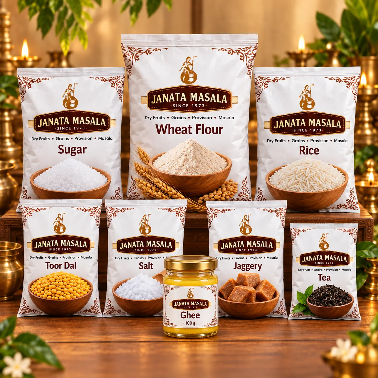Illustrative Janata Masala Shradh Essentials Kit with wheat flour, rice, sugar, toor dal, salt, tea, jaggery and 100g ghee