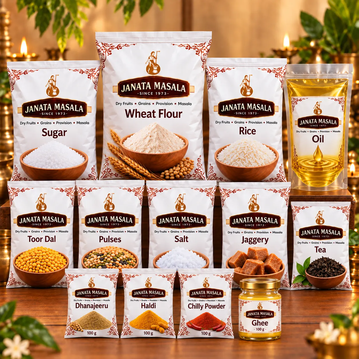 Illustrative Janata Masala Shradh Grocery Kit with wheat flour, rice, sugar, toor dal, salt, tea, jaggery, ghee, pulses, an oil pouch, dhanajeeru, haldi and chilly powder